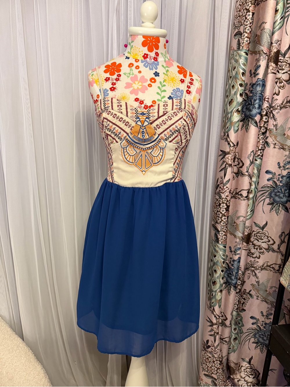 Flying Tomato Ivory Embroidered Bodice with Blue Skirt Mini Dress